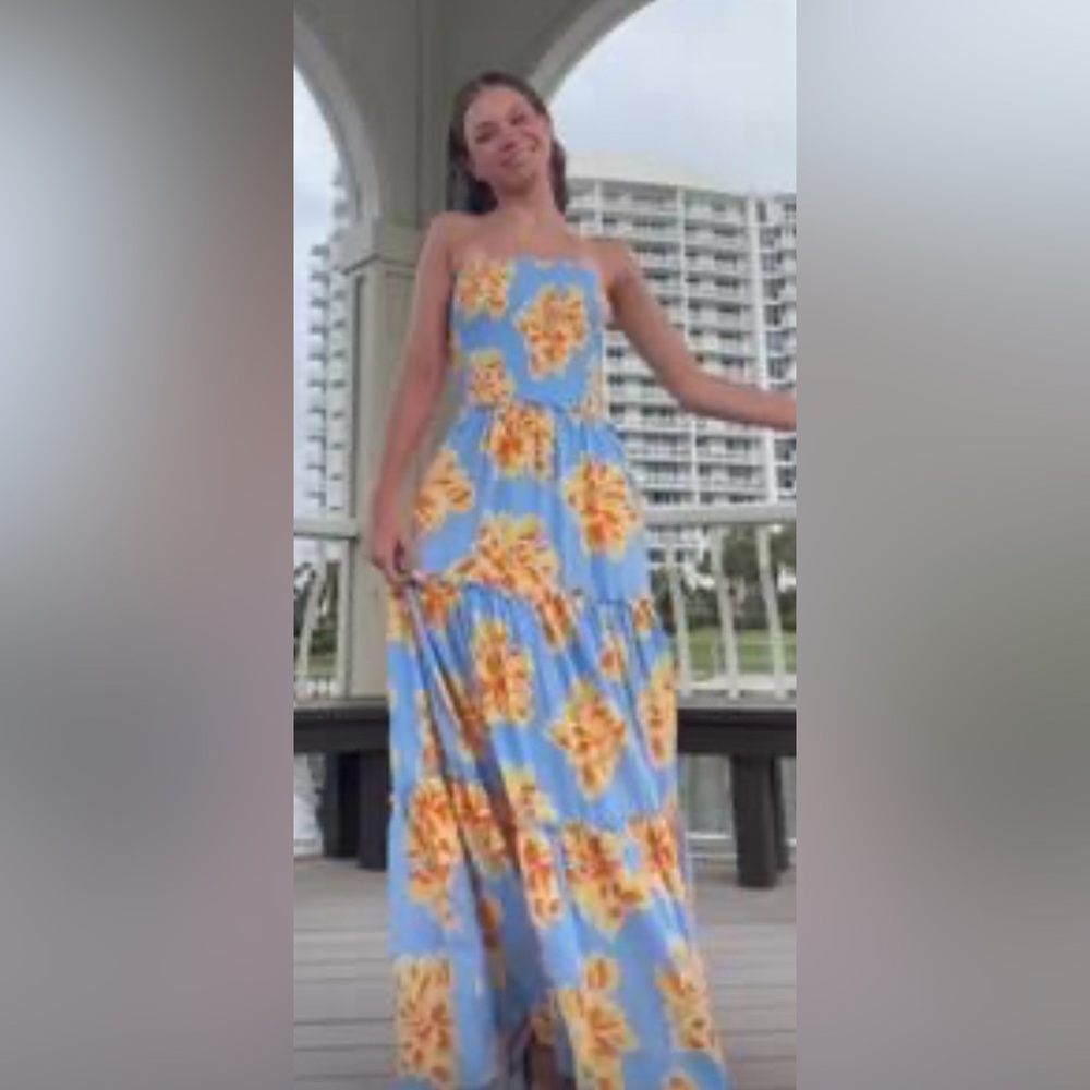 Anthropologie Sky-Blue Strapless Maxi with Yellow Floral Print